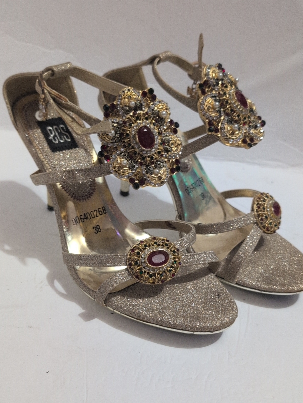 Gold Glitter Jewel-Embellished Strappy Heels